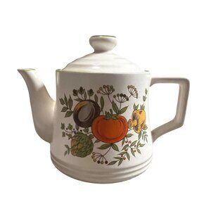 Vintage Ceramic Teapot With Fruit & Vegetable Design Hand-Painted Mid-Century Ki